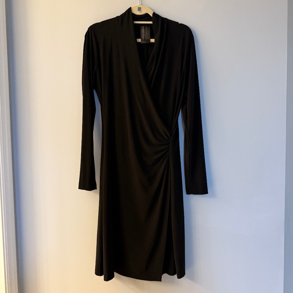 NORMA KAMALI Kamali Kulture faux wrap side drape black dress long sleeve Large - Picture 1 of 5